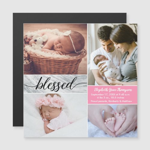 Custom Marble Pink Blessed Photo collage Baby Girl Magnetic Invitation