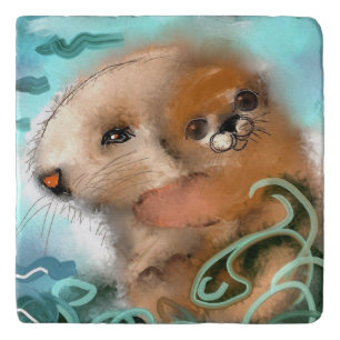 Custom Marble Stone Trivet Adorable Sea Otters!
