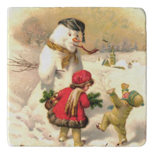 Custom Marble Stone Trivet Frosty Snowman kids