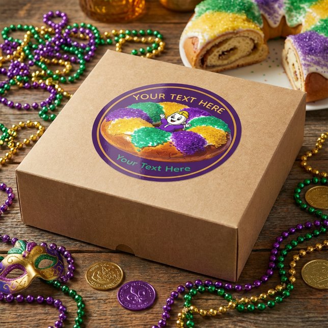 Custom Mardi Gras King Cake & Baby Classic Round Sticker (Creator Uploaded)