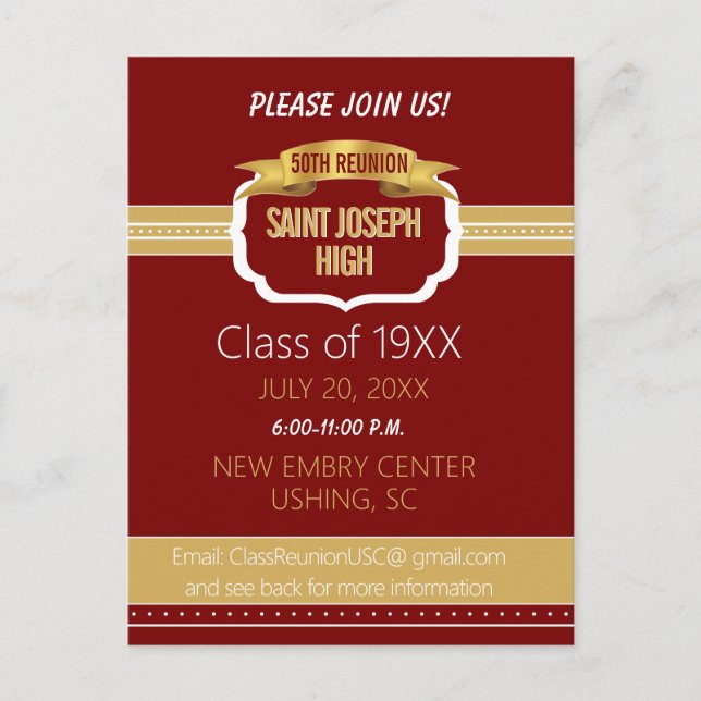 Custom Maroon 50th Class Reunion Invite (Front)