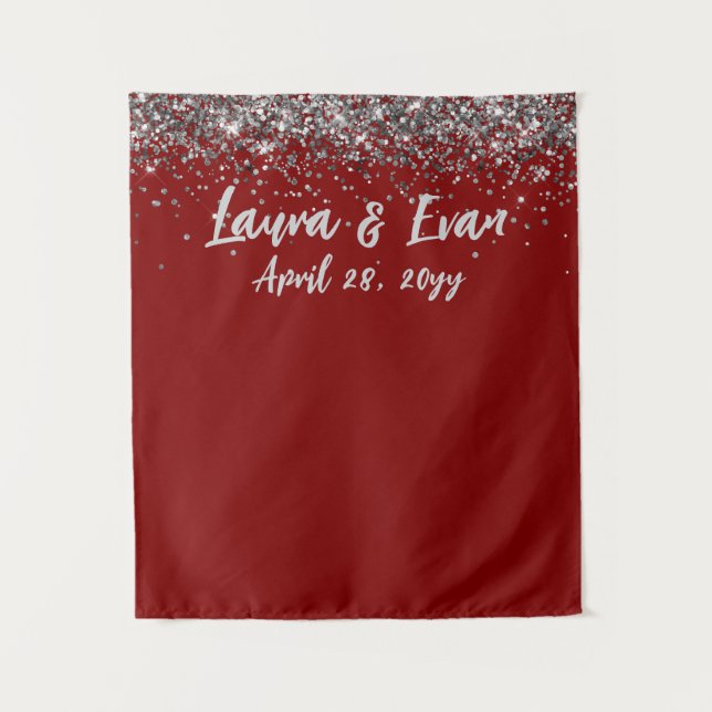 Custom Maroon and Silver Wedding Photo Booth Prop Tapestry (Front)