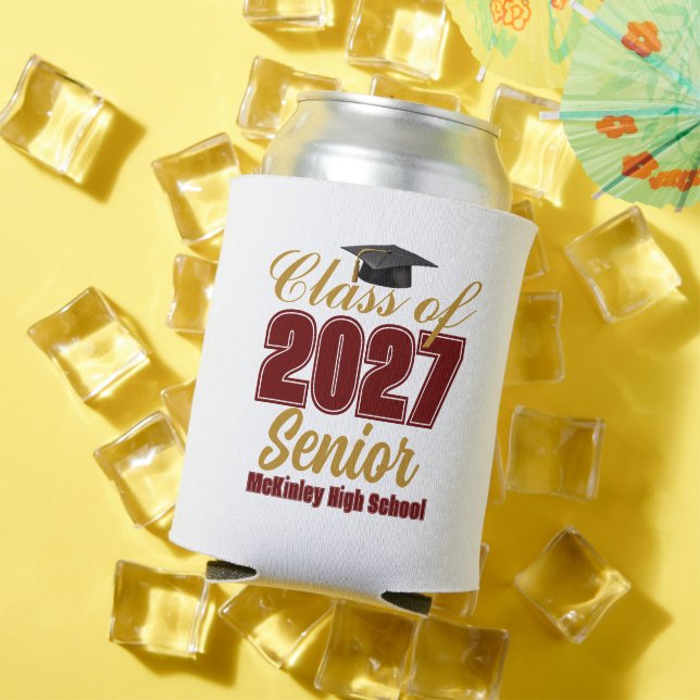 Custom Maroon Gold Class of 2027 Senior Can Cooler (In Situ Summer)