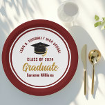 Custom Maroon Gold Graduate 2024 Graduation Party Paper Plates<br><div class="desc">These modern maroon and gold custom graduation party plates feature classy typography of your university or college name for the class of 2024. Customize with your graduating year next to the chic handwritten script and black grad cap for great personalized congratulations graduate party decor.</div>