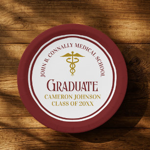 Custom Maroon Gold Medical School Graduation Paper Plates