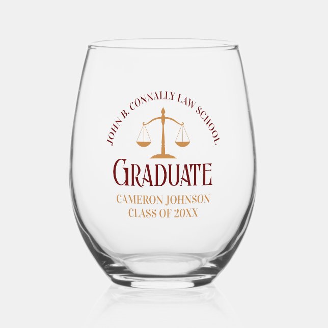 Custom Maroon Law School Graduation Commemorative Stemless Wine Glass (Front)