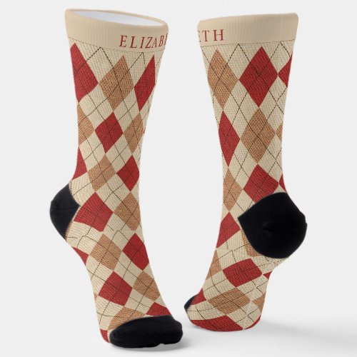 Custom Maroon Red Beige Brown Argyle Pattern Socks