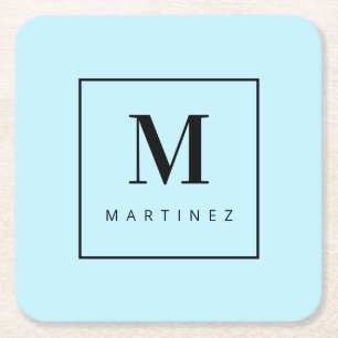 Custom Marvelous Monogram Light Blue Square Paper Coaster