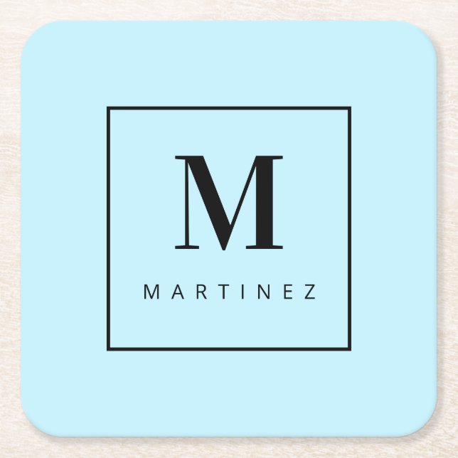 Custom Marvelous Monogram Light Blue Square Paper Coaster (Front)