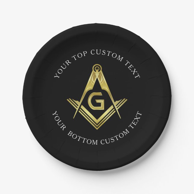 Custom Masonic Party Supplies | Black Gold Paper Plates (Front)