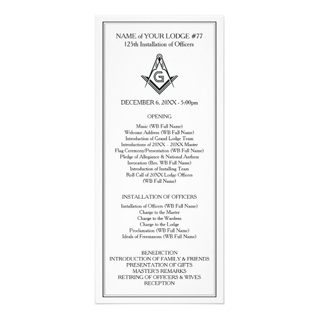 Custom Masonic Rack Cards | Officer Installation (Front)