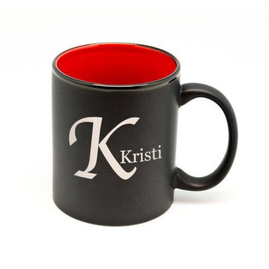 Custom Matte Black & Red Monogram Mug (Front)