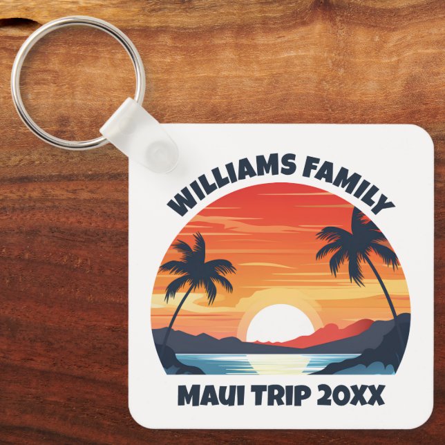 Custom Maui Trip Cool Sunrise Palm Trees Keychain (Front)