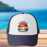 Custom Maui Trip Cool Sunrise Palm Trees Trucker Hat<br><div class="desc">These cool sunrise Maui Hawaii hats feature your personalized group name for a family reunion or trip to this Hawaiian island. Cute vacation keepsake souvenir with an orange sun over the blue ocean waters of your cruise or coastal destination.</div>