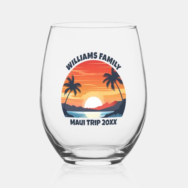 Custom Maui Trip Sunrise Palm Trees Keepsake Stemless Wine Glass (Front)