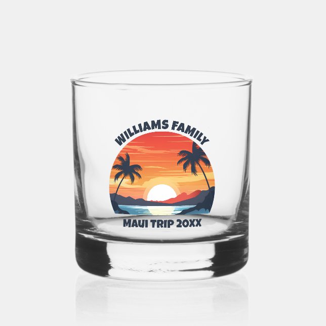 Custom Maui Trip Sunrise Palm Trees Keepsake Whiskey Glass (Front)