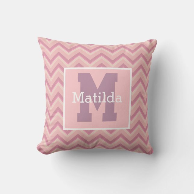 Custom Mauve Purple Pink Chevron Monogram Name Throw Pillow (Front)