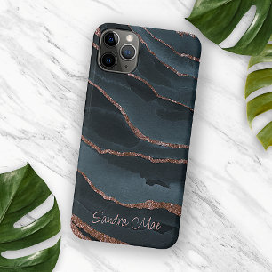 Custom Mauve Rose Gold Dark Blue Marble Pattern iPhone 11Pro Case
