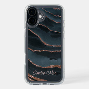 Custom Mauve Rose Gold Dark Blue Marble Pattern iPhone 16 Plus Case