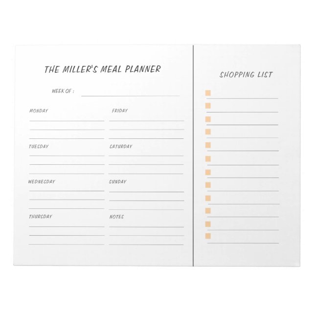 Custom Meal Planner and grocery list Notepad (Front)