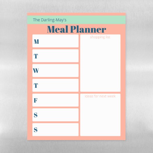 Custom Meal Planner  Shopping List Coral Seafoam Magnetic Dry Erase Sheet