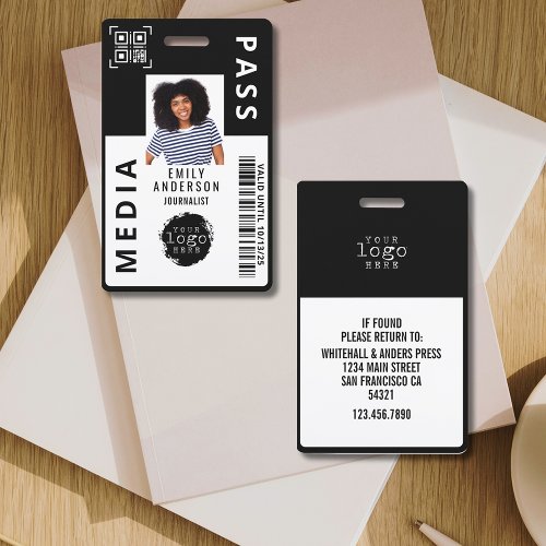 Custom Media Pass Photo ID Business Logo  Black Badge