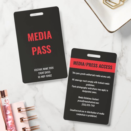 Custom Media Press Access Concert Festival Red Badge