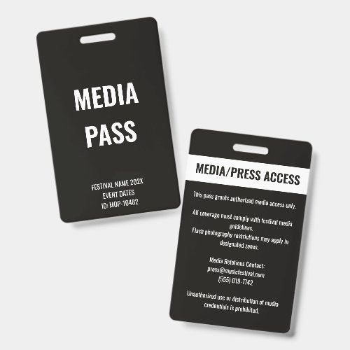 Custom Media Press Access Concert Festival White Badge