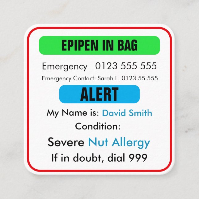 Custom Medical Alert EpiPen Card  (Front)