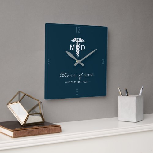 Custom Medical Doctor Blue Caduceus Symbol Office Square Wall Clock