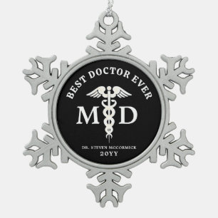 Custom Medical Doctor MD Caduceus Keepsake Snowflake Pewter Christmas Ornament