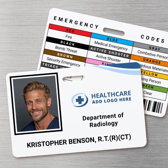 Custom Medical Hospital Employee Photo ID Badge (Double-sided photo ID badge with custom emergency codes and barcode image)
