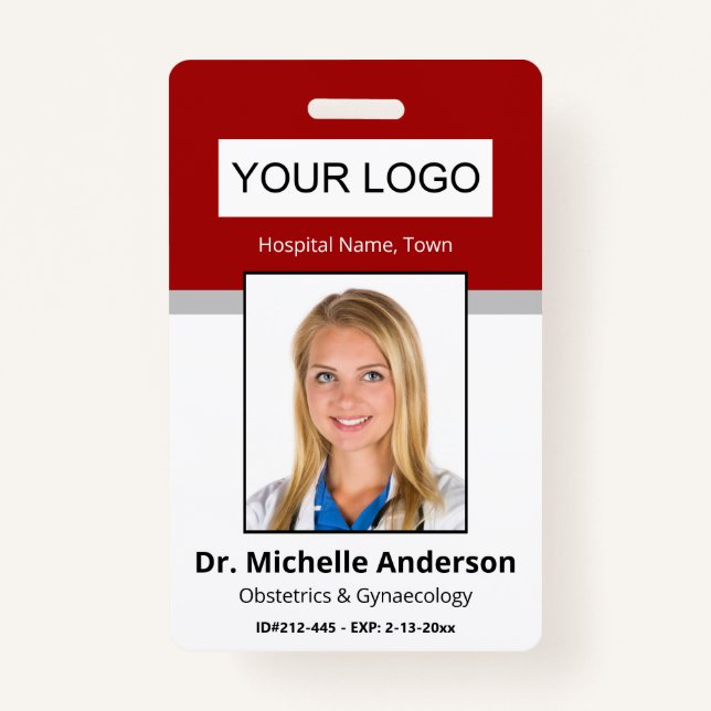 Custom Medical Professional Red Photo Identity Badge (Front)