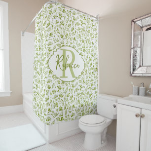 Custom Mediterranean Olive Green Monogram Elegant Shower Curtain