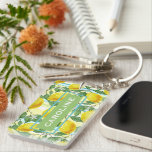 Custom Mediterranean Summer Lemon Fruit Pattern Keychain<br><div class="desc">Beautiful keychain featuring an aqua turquoise blue,  green,  yellow and orange lemon fruit pattern on striped watercolor background. With room to customize or personalize with name,  monogram or initials of your choice.</div>