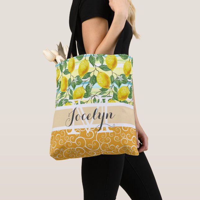 Custom Mediterranean Summer Lemon Fruit Pattern Tote Bag (Close Up)