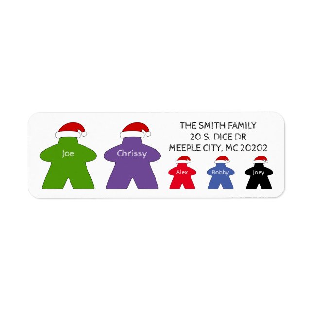 Custom Meeple Family of 5 w/ Santa Hats Christmas Label (Front)