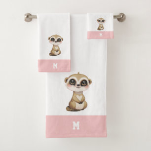 Custom Meerkat & Monogram on Pink & White Bath Towel Set