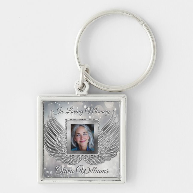 Custom Memorial Angel Wings Add Photo Keychain (Front)