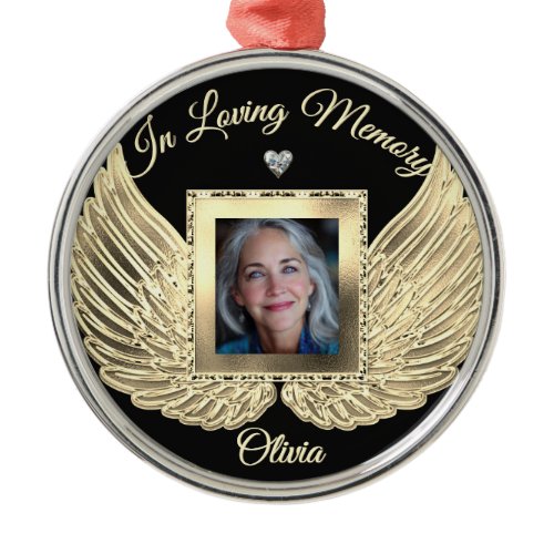 Custom Memorial Angel Wings Add Photo Metal Ornament