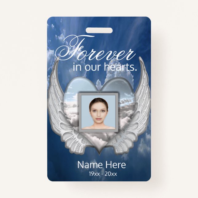 Custom Memorial Angel Wings Heart Add Photo Badge (Front)
