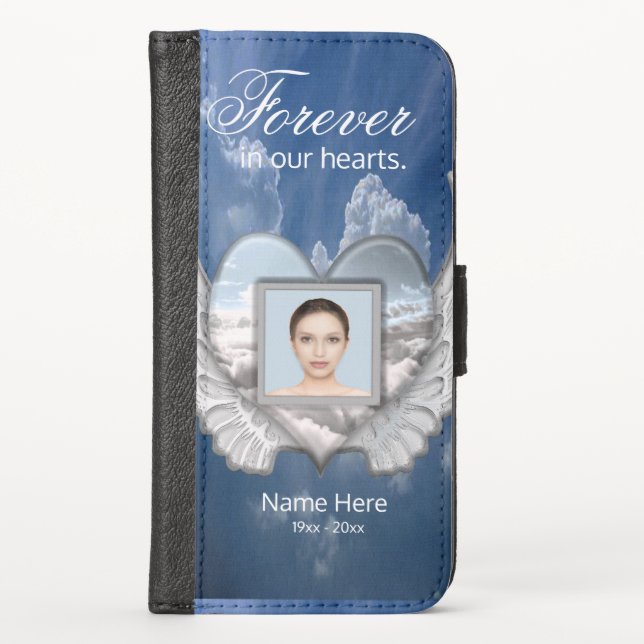 Custom Memorial Angel Wings Heart Add Photo iPhone Wallet Case (Front)