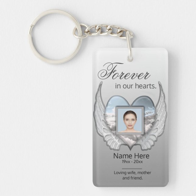Custom Memorial Angel Wings Heart Add Photo Keychain (Front)