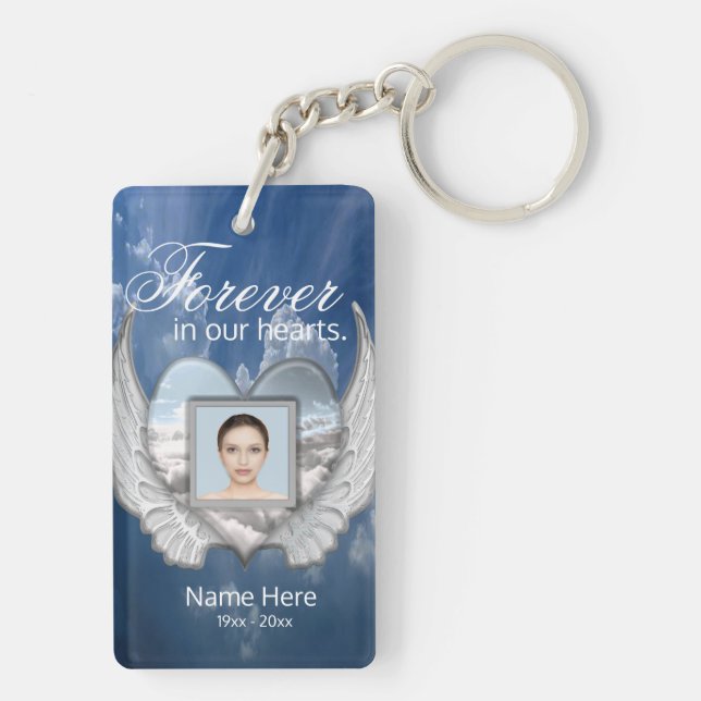 Custom Memorial Angel Wings Heart Add Photo Keychain (Back)