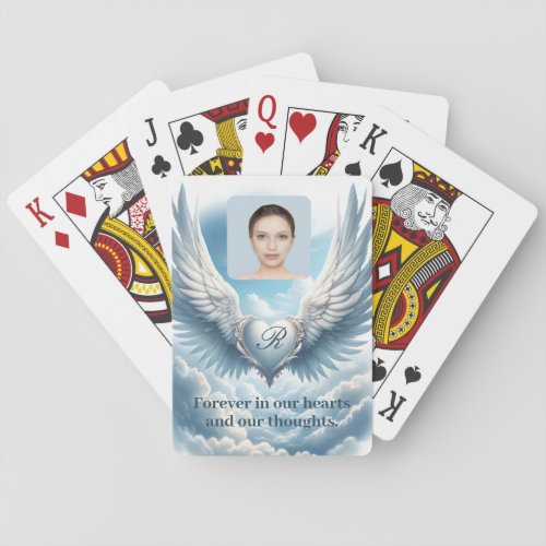 Custom Memorial Angel Wings Heart Add Photo Playing Cards