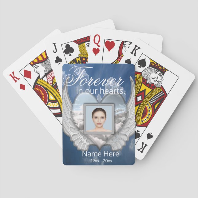 Custom Memorial Angel Wings Heart Add Photo Poker Cards (Back)