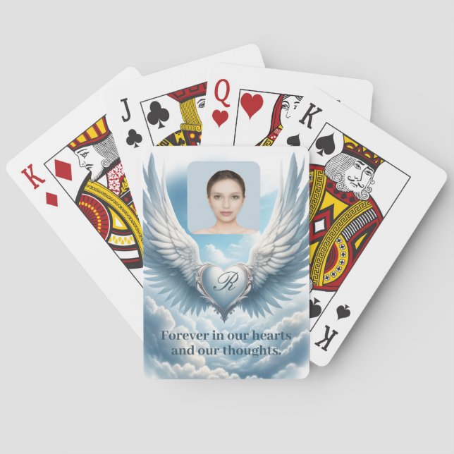 Custom Memorial Angel Wings Heart Add Photo Poker Cards (Back)