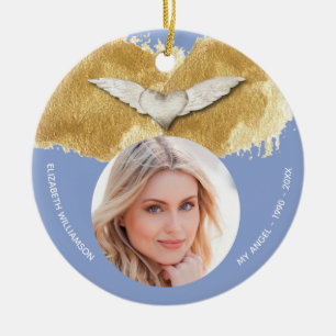 Custom Memorial Angel Wings Keepsake Photo Ceramic Ornament