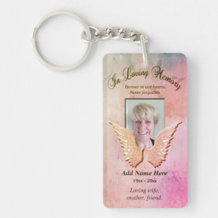 Custom Memorial Angel Wings Rose Colores Add Photo Keychain