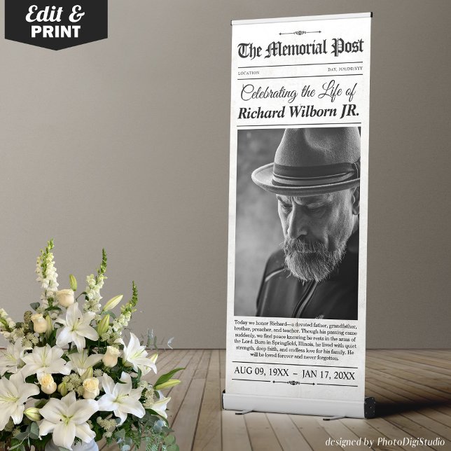 Custom Memorial Newspaper In Loving Memory Funeral Retractable Banner (Custom Memorial Newspaper In Loving Memory Funeral Retractable Banner)